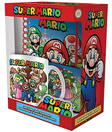 Super Mario Bumper Geschenkset, 325ml Keramik Kaffeetasse, Notizbuch, Untersetzer & Schlüsselanhänger in Geschenkbox, Mario Geschenke für Jungen und Mädchen - Offizielles Lizenzprodukt
