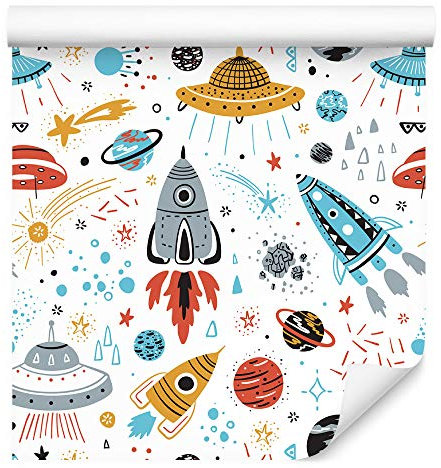 Muralo Tapete 10m Rolle Vlies Tapete Himmel Sterne Monde Planeten Kosmos Raketen Vliestapete 1000 x 53cm Wand Tapete Wohnzimmer Kinderzimmer Moderne Wanddeko Wand Dekoration