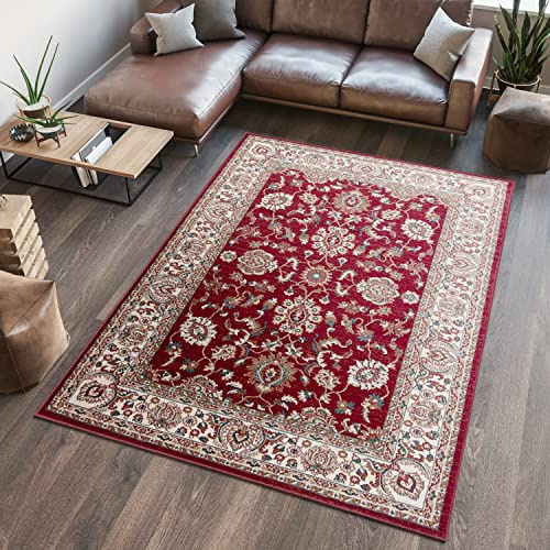 TAPISO Dubai Tappeto Tradizionale Pelo Corto Soggiorno Design Classico Cornice Motivo Floreale Ornamenti TonalitàRosso Crema Salotto Sala Camera Ufficio Oeko-Tex 80 x 150 cm