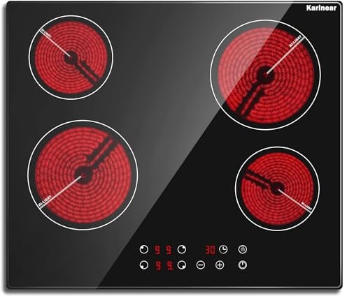 Karinear Ceramic Hob, 60cm Built-in 4 Zones Electric Hob with Touch Control 6000W, Hard Wired, No Plug Included