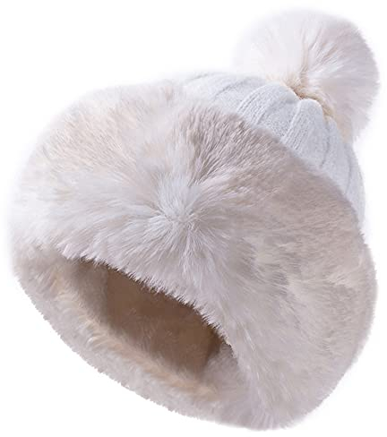 JFAN Warm Mütze Bommelmütze Damen Pudelmütze Winter Ski Mehrfarbig Mode Flauschige GEH?keltes Fell Strickmütze Weiß One Size