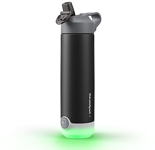 Hidrate Spark TAP Smart Water Bottle, Stainless Steel, Tap to Track Water Intake & Glows to Remind You to Stay Hydrated - Straw - Black 20oz
