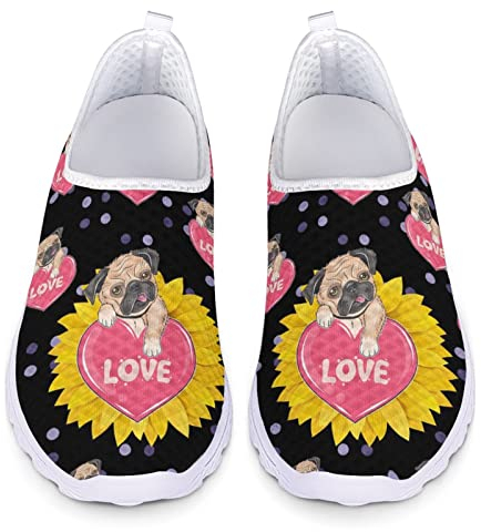 Dolyues Sunflower Mops Hund (Schwarz) Muster Damen Slip On Sneakers,Lässige Mesh Leichte Atmungsaktive Gym Jogging Trainer Schuhe
