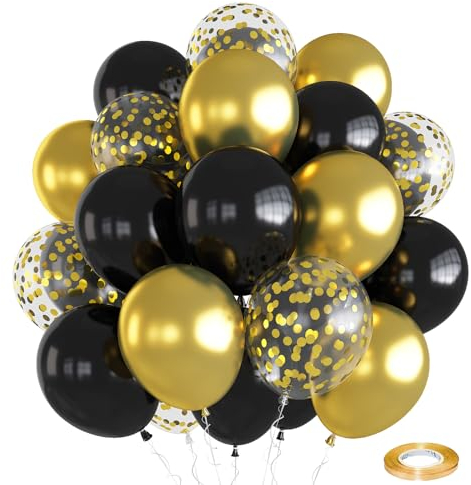 Black Gold Balloons Set - 12 Inch 30 PCS Matte Metallic Chrome Confetti Latex With Ribbon for Wedding Birthday Shower Graduation Decoration