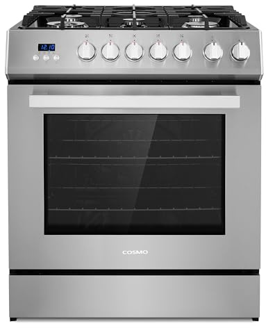 COSMO COS-305AGC 30 in. 5.0 cu. ft. Freestanding Single Oven Gas Range with 5 Burner Cooktop and Heavy Duty Cast Iron Grates in Stainless Steel