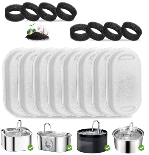 Filter für Katzenbrunnen, Vindox 8 Stück Katzenbrunnen Filter und 8 Stück Wasserpumpen Filterschwamm für 2L/3.2L/4L Trinkbrunnen für Katze Edelstahl, Ersatzfilter mit Aktivkohle Kohlefilter