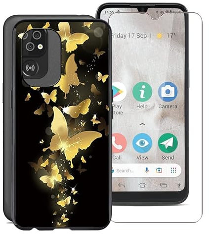 KJYF Mobile Phone Case for Doro 8100 (6.1 inches), Soft Silicone TPU Case Shockproof Scratch-Resistant Protective Cover with 1 Piece Tempered Glass Screen Protector for Doro 8100 - Gold Butterfly