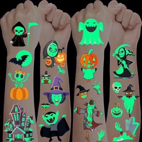 Halloween Tattoos, 20 Blätter Leucht tattoo Kinder Gruselig, Kürbis Hexe Fledermaus Kindertattoos Aufkleber Gesicht für Halloween Deko Kinderparty Mitgebsel Spiel Kinder Kostüme Zubehör