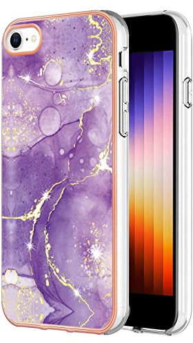 iPhone SE 2020 Case iPhone 8 Phone Case iPhone SE 2022 Case iPhone 7 Marble Silicone Shockproof Glitter Plated Gold Edges Protective Flexible TPU Rubber Skin Bumper Cover Girls Women, Light Purple