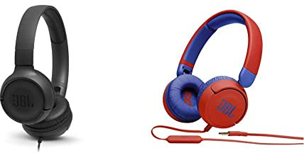 JBL Tune500 - Casque Supra-auriculaire -Écouteurs Filaire - Léger et Pliable - avec Commande Mains Libres - Noir & JR310 – Casque Filaire avec Micro pour Enfants – avec Volume limité à 85 DB – Rouge