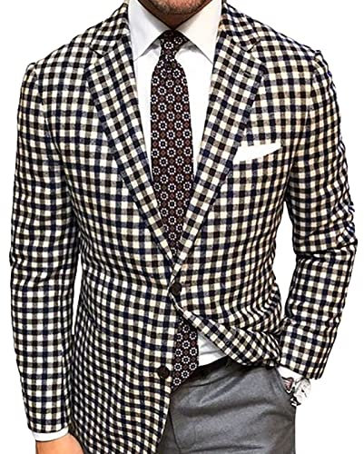 Veste de Costume à Carreaux Vintage pour Hommes Manteau de Sport Décontracté à Carreaux Slim Fit à 2 Boutons Blazer d'affaires Quotidien à Simple Boutonnage (Brun,M)