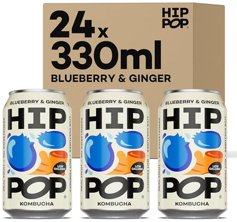 Hip Pop Real Fruit Kombucha, Blueberry & Ginger | Low Calorie, No Sweeteners | Gut Friendly, Live Cultures | 24 x 330 ml