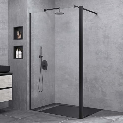 Sogood Paroi de Douche à L'italienne Transparent Pare-Douche Verre de Sécurité 10mm Bremen2K 110x200cm + Partie Latérale 30cm Profilé Noir Stabilisateur Rond