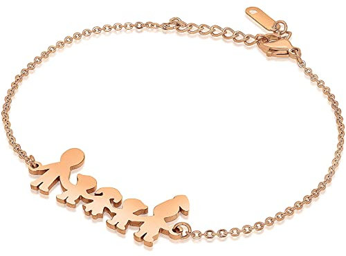 FAMILY STORY - Bracciale da donna a catena. Collezione My Sun. In acciaio inossidabile, nickel free e anallergico. Color oro rosa. Charm a forma di famiglia con mamma, papà, due bambini e una bambina