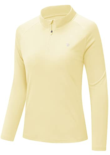 donhobo Tshirt Damen Sport Oberteile T-Shirt Langarm Laufshirt Atmungsaktiv Schnelltrocknend Laufshirt Outdoor Wandershirt mit 1/4 Reißverschluss (Hellgelb, S)