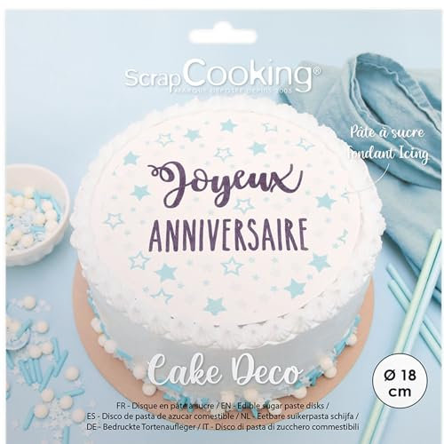 ScrapCooking - Disque de Pâte à Sucre Joyeux Anniversaire Ø 18cm - Décoration Gâteau Comestible - Disque Imprimé Étoiles - Déco Anniversaire Enfant Adulte Garçon Fille - 7332