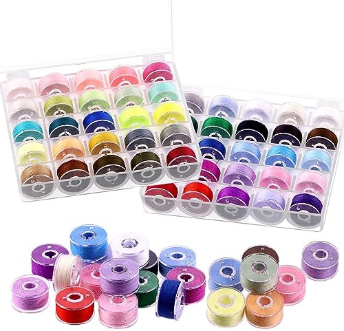 Swpeet 50 Stück vorgewickelte Polyester-Spulen Nähset mit Spulenbox, Nähgarnspulen, vorgewickelte Spulen, kompatibel mit Brother/Babylock/Janome/Elna/Singer Stickmaschine, Größe A, 50 Stück