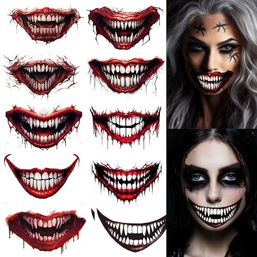 Halloween Face Tattoo Stickers Mouth, Halloween Tattoos Totenkopf Skull zum Aufkleben für das Gesicht, Clown Tattoo Costume Accessories, Cosplay Makeup Halloween Party Favors (A)
