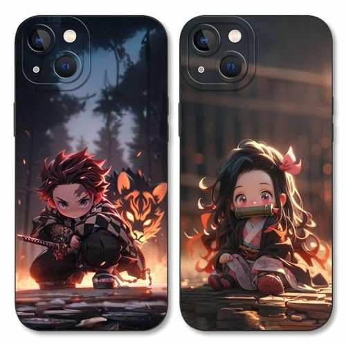 2 Stück Handyhülle für Apple iPhone 13 Hülle 6.1'', Anime Motiv Kamado Nezuko Tanjirou Manga Muster Schutzhülle Jungs Case Schutz der Linse Design Silikon TPU Cover Stoßfest, Schwarz1