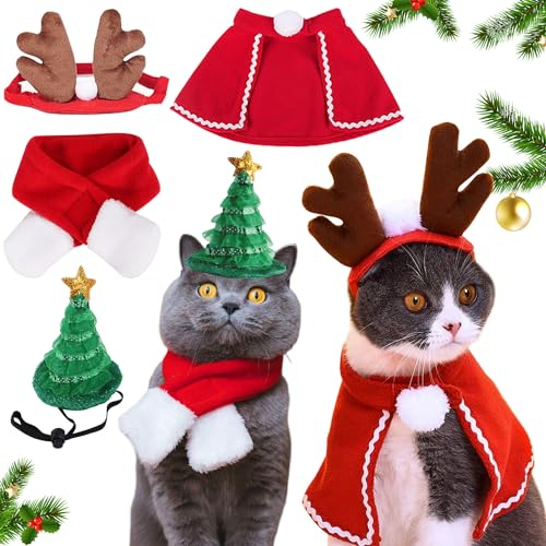 Weihnachtskostüm für Katzen, 4 Stück Haustier Weihnachtskostüm, Weihnachtsmann-Mütze, Verstellbar Schal, Geweih, Haustier-Kleidung für Hunde, Katzen, Welpen,Geschenk