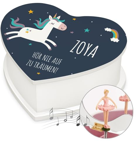 Maverton personalisierte Musikschmuckdose in Herzform mit Aufzieh-Spieluhr - Schmuckkästchen Ballerina Spieldose - Herz Schmuckkiste für Mädchen zur Taufe Erstkommunion - zu Weihnachten - Einhorn