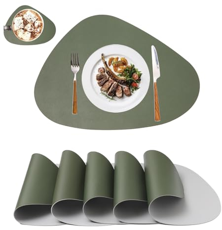 Platzsets Platzdeckchen Abwaschbar Rund,Tischsets rutschfest,Teller Untersetzer Rund,Tischset Lederoptik,Doppelseitigen Platzset und Untersetzer Teller 6er Set Oval(Grün&Grau)