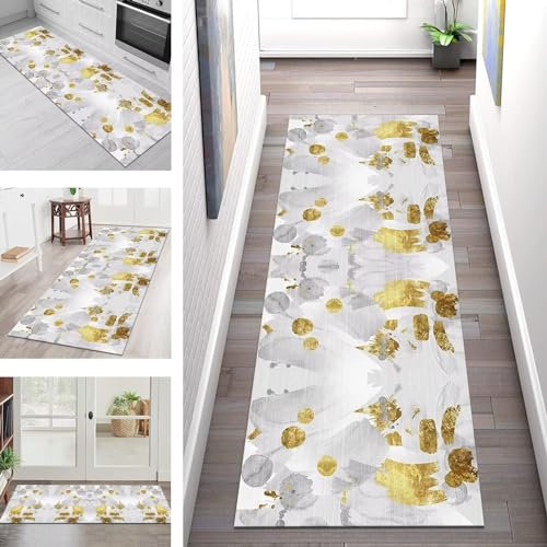 Teppich Läufer Flur Lang Küchenteppich Rutschfest Waschbar Küchenläufer Grau Weiß Gold Korridor Flurläufer 60X100CM Teppichmatten Dauerhaft Schlafzimmer Wohnzimmer Meterware Teppichläufer Anpassbar