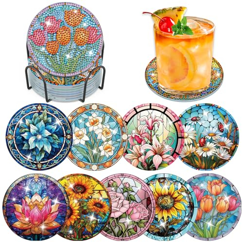 Lxmsja 9PCS Peinture Diamant Dessous de Verre, Kit Diamond Painting Paysage, Enfant Activité Manuelle Adulte, sous-Verres Art de Diamant avec Support, Kits de Peinture au Diamant