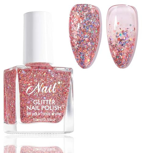 Pink Glitter Nail Polish - High Glossy Sparkly Nail Polish - Bright Pink Air Dry Nail Varnish - Fast Drying Nail with Colorful Paillette Air Dry No Need UV DIY Nail Art