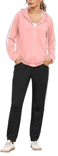 Litherday Survêtement Femme Coton Rayé Ensemble Jogging Femme Sportswear à Manches Longues 2 Pièce Ensemble de Sport à Capuche Zippé pour Fitness Sport Rose L