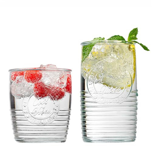 Le'raze Juego de 8 Tazas y Vasos Originales Mason de 4 a 18 onzas y Vasos de Whisky de 4 a 13 onzas para Uso Diario en el Hogar, Agua, Cerveza, Jugo, Cóctel.