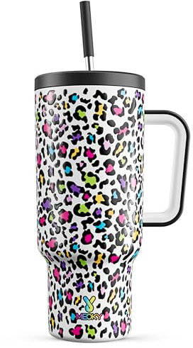 Meoky 40 oz Tumbler with Handle and Straw, Tumbler with Lid and Straw, Insulated Stainless Steel Travel Mug, 100% Leak-proof, Keeps Cold for 34 Hours or Hot for 10 Hours (Neon Leopard)