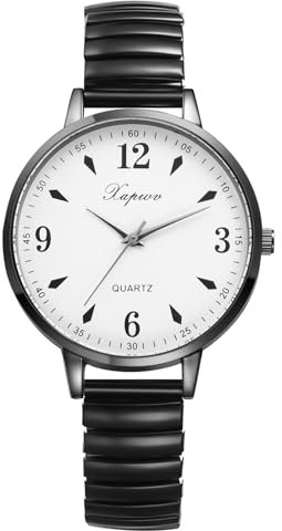 JewelryWe Damenuhr Schwarz Elastische Uhr: Klassische Einfache Analog Quarz Armbanduhr Damen Edelstahl Stretch-Armband Dünne Uhr mit Zugarmband & großem runden Zifferblatt