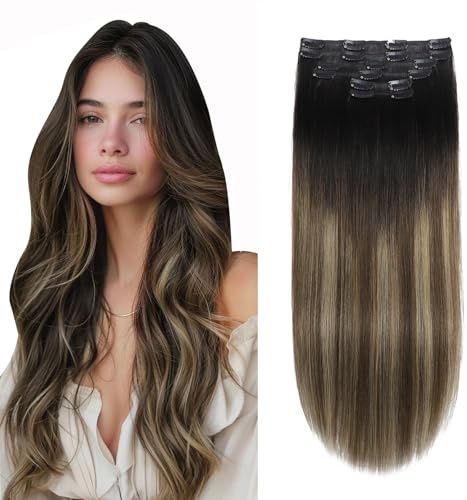 XDhair Clip in Echthaar Extensions Balayage Schwarz Extensions | 50cm 120g,Schwarz bis Braun mit Karamell Blond Balayage Weiches Haar #1B/4/27,20 Zoll