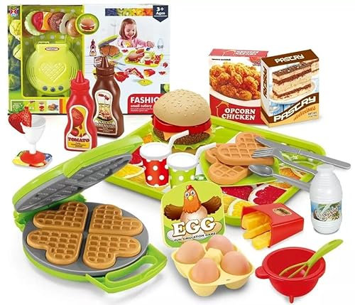 42 Pieces Pretend Play Kitchen Food Waffle Maker Hamburger French Fries Toy Set