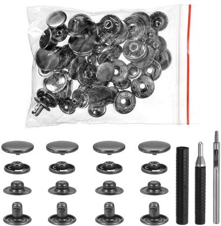 sourcing map 25 Set Leather Snap Fasteners Kit 15mm Metal Snap Button Press Studs Leather Rivets Snaps with 3 Setter Tools for Clothes Jackets Jeans Wears Bags, Gun-Black