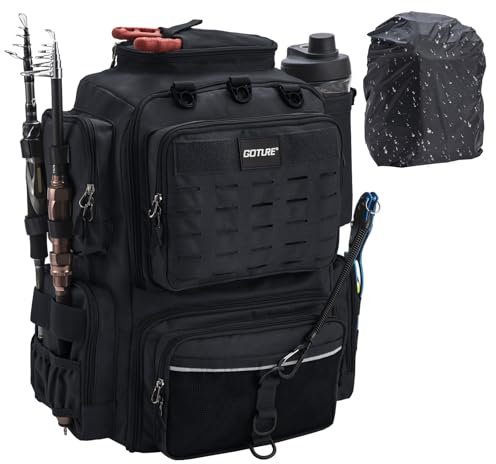 Goture Angelrucksack, Angelzubehör-Rucksack mit Zwei Rutenhaltern und Regenschutz, Wasserabweisende Angelgerätetasche mit verstellbarem Fach und 8 Ködertaschen, 45-Liter-Angelgeräte-Rucksack