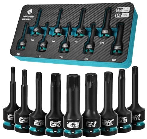 LIBRATON Jeu de Douilles Torx Embouts à Chocs, Entraînement 1/2, Acier S2, Lot de 9 Douilles à Embouts Torx T30-T80, Douilles Torx Embouts, Douilles à Chocs Torx, Stockage XPE, Outil de Réparation