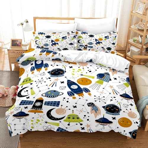 KXHHYB Weltraum Bettwäsche 220x240cm,Universum Planet Rakete Bettwäsche Set Jungen Mädchen Kinder Weiß Blau Rakete Sterne Planeten Muster mit Kissenbezug 50x75cm (A, 220x240cm)