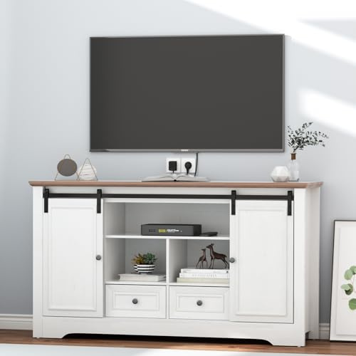 TOOBVEST White Wooden TV Stand for 60 TV with Mini Sliding Barn Doors, Retro Storage Cabinet with Open Shelves & Drawers, Vintage Entertainment Center or Coffee Bar for Living Room