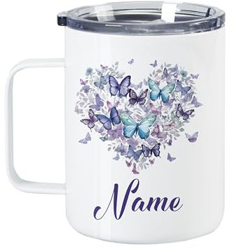 GRAZDesign Personalisierter Thermobecher mit Deckel und Namen - 400ml Wanderbecher mit Schmetterlingsmuster, Ideal für Unterwegs