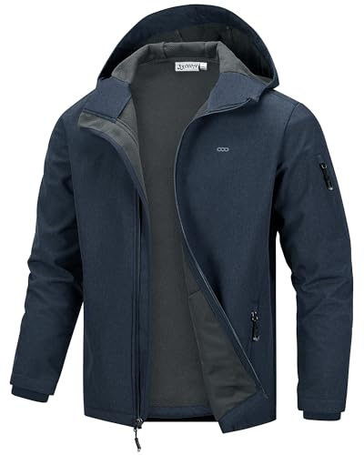 33,000ft Men's Waterproof Warm Softshell Jacket Lightweight Fleece Lining Jackets Hooded Rain Coat Windbreaker for Walking Hiking Dark Blue Heather XL