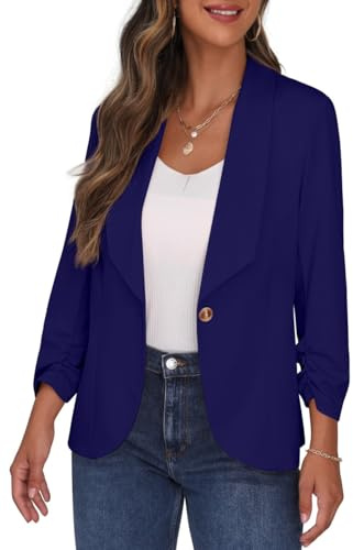 PrinStory Blazer da donna con colletto a risvolto 3/4 maniche increspate giacca con un bottone cardigan corto blazer da ufficio abbigliamento casual