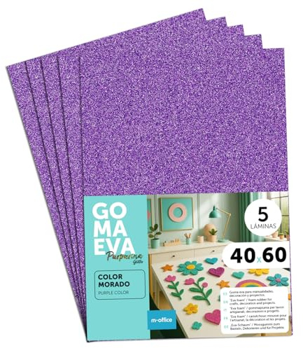 m-office Fogli di Gomma Eva Colorata Glitterata, Gomma Crepla per Scrapbooking, Scuola, Cartoncini Creativi, Lavoretti, Torte Scenografiche, Scuola o Progetti Artistici 40x60cm (Viola, 5uds)