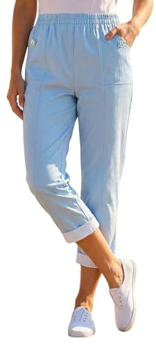Roman Cropped Stretch Trouser for Women UK - Ladies Capri Pants Summer Leggings 3/4 Three Quarter Pedal Pusher Elasticated Waist Cut Off Contrast Detail Pull On Work - Sky Blue - Size 20