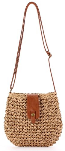 HTTDSLF Bolsa de Hombro de Paja para Mujer, Pequeña Bolsa Cruzada de Verano con Cremallera, Estilo Bohemio Bolso de Hombro Paja, Adecuado para Viajes a La Playa, Vacaciones