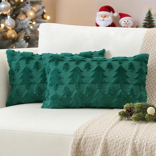 JOTOM Juego de 2 Funda de Cojín de Navidad 30x50 cm de Arbol de Navidad Invierno Funda de Almohada de Pelo Sintético Suave Decoración para Sofá del Hogar (Verde)