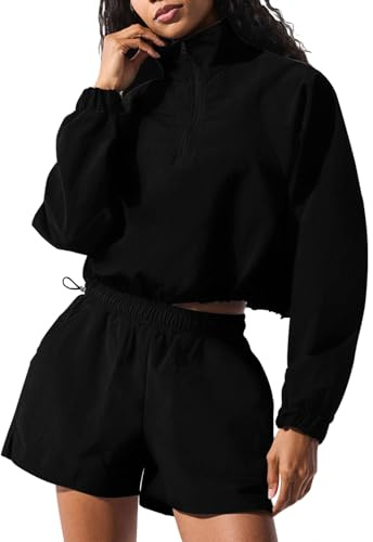 LACOZY Lightweight Jacket Cropped Zip Up Tops Oversized Fall Gym Running Pullover Black XL