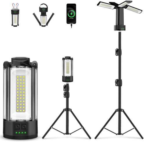 T-SUN Baustrahler LED mit Stativ, 6000K Wiederaufladbare Arbeitslicht mit 10400mAh Akku, Teleskopstativ und Tragetasche, Kabellose LED Arbeitsleuchte Akku Strahler Für Camping Garage Baustelle,Schwarz