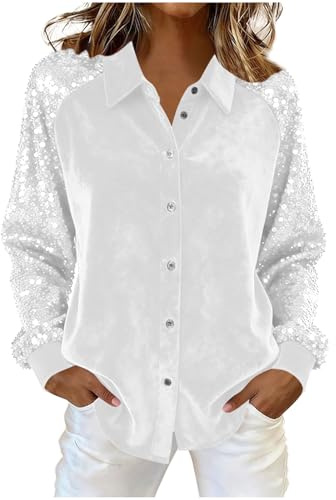 UHouse Glitzer Bluse Damen Pailletten Hemd Langarm Silvester Party Outfit Festival Hemdbluse Festliche Blusen Zur Hochzeit Karneval Glitzerbluse 80er Jahre Kleidung Silber Glitzeroberteil Weiß XL